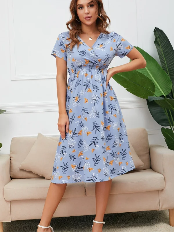 KittenAlarm - Disty Floral Ruffle Hem Elastic Waist Summer Dress Tunics Print Colorful