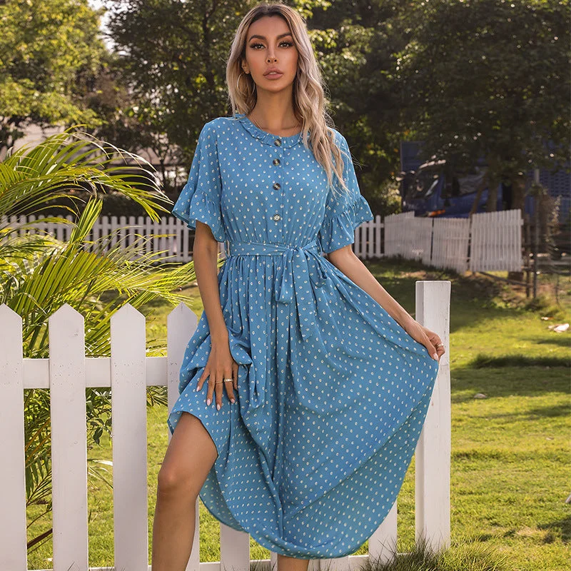 KittenAlarm - Polka Dots Button Front Elastic Waist Self Tie Ruffled Dress Shift Classic Vintage