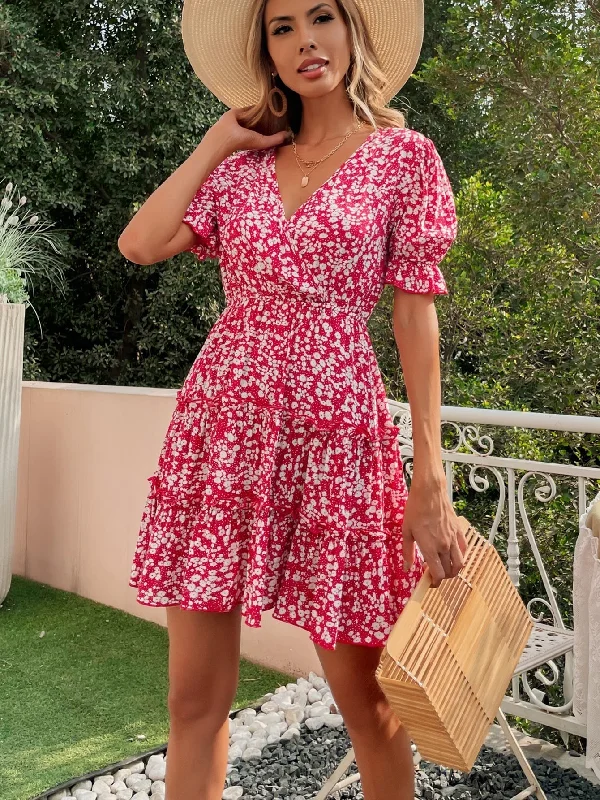 KittenAlarm - Disty Floral Elastic Waist Ruffled Dress Tunics Solid Classic
