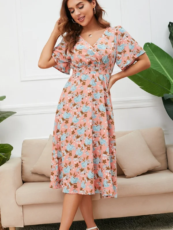 KittenAlarm - Disty Floral Smocked Waist Back Detail Dress Tunics Cozy soft