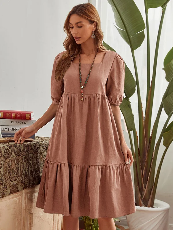 KittenAlarm - Puff Sleeve Shirred Waist Ruffles Dress Cowl Neckline Elegant