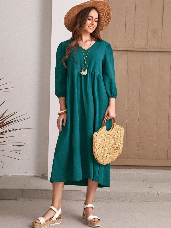 KittenAlarm - Solid Oversized Shirred Waist Dress Boat Neckline Classic
