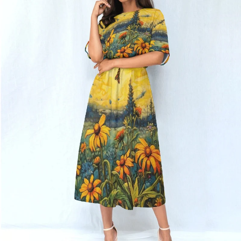 All-Over Print Women's Elastic Waist Dress Floral Print girly
