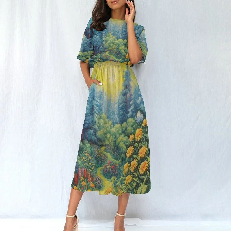 All-Over Print Women's Elastic Waist Dress Maxi Flowy Bohemian