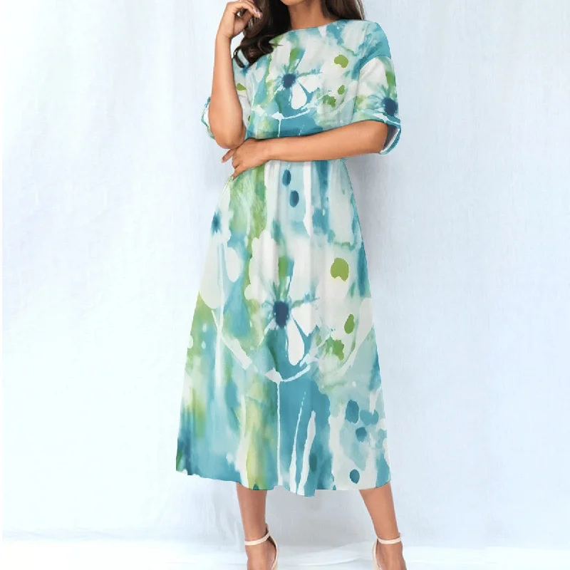 All-Over Print Women's Elastic Waist Dress Tunics Chic elegant