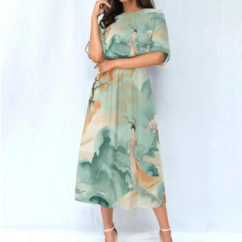 All-Over Print Women's Elastic Waist Dress Tunics Versatile all-occasion