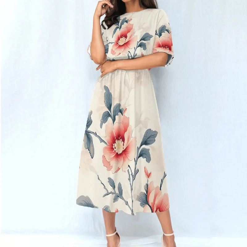 All-Over Print Women's Elastic Waist Dress Tunics Seasonal trendy