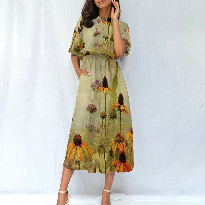 All-Over Print Women's Elastic Waist Dress Tunics Stylish elegant