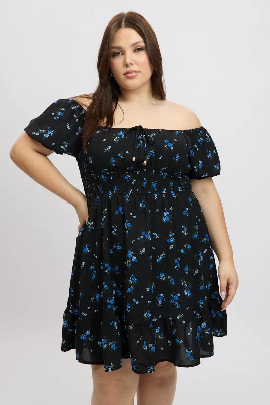 Black Ditsy Scoop Neck Tie Front Shirred Waist Minidress Square Neckline Feminine