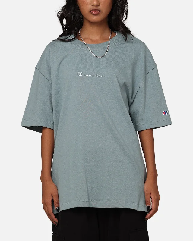 Champion Heritage New Script T-Shirt Sage Shimmer Green Machine Wash Dry Clean Hand Wash
