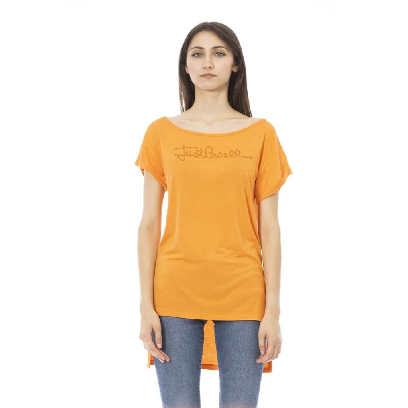 Orange Cotton Women T-Shirt Lace Blend Ribbed Blend Corduroy Blend