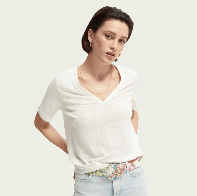 Classic Linen V-Neck T-Shirt (Off White) Satin Blend Silk Blend Wool Blend