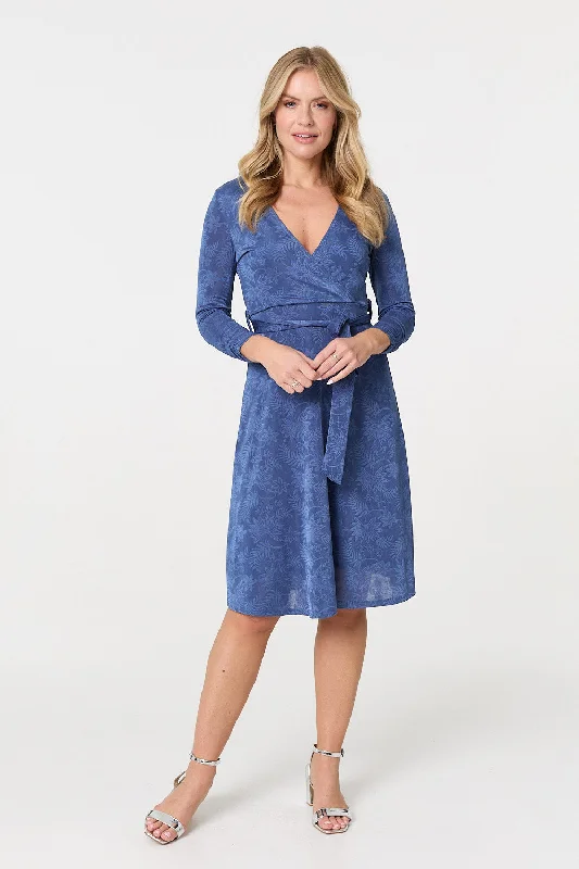 Floral Embossed Tie Waist Knee Length Dress Tunics Corduroy durable
