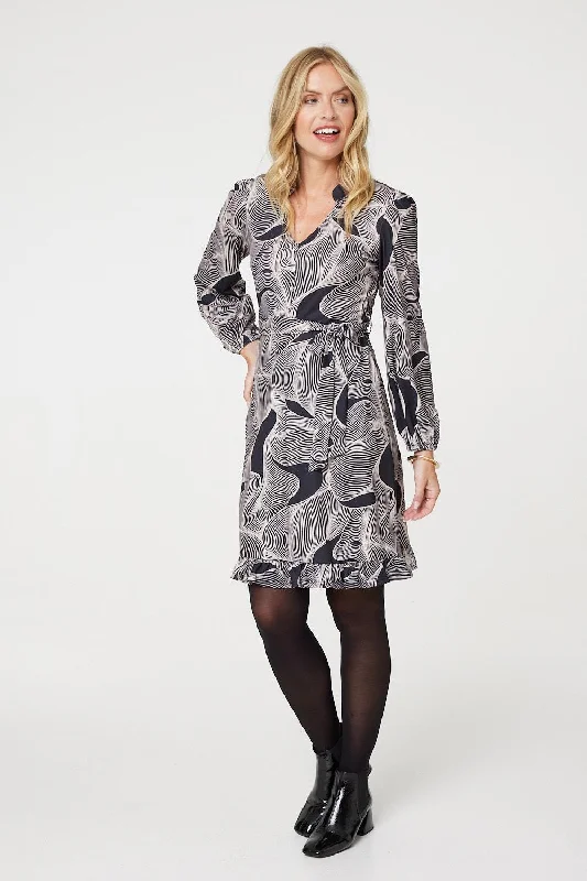 Abstract Ruffled Tie Waist Knee Length Dress Tunics Satin smooth