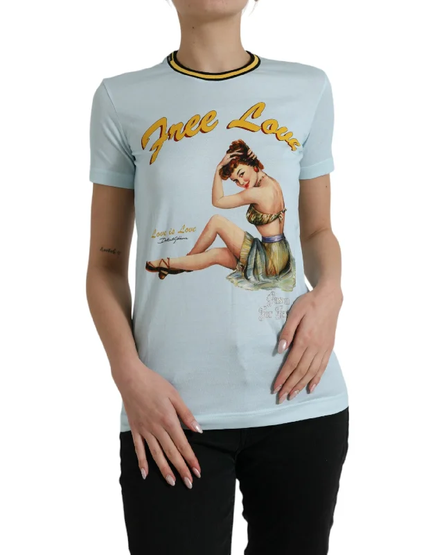 Elegant Light Blue Cotton T-Shirt Embroidered Appliqued Beaded