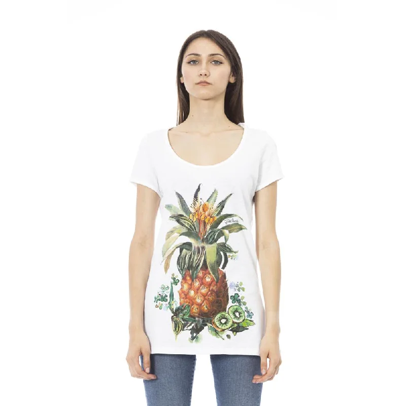 White Cotton Women T-Shirt Houndstooth Herringbone Solid