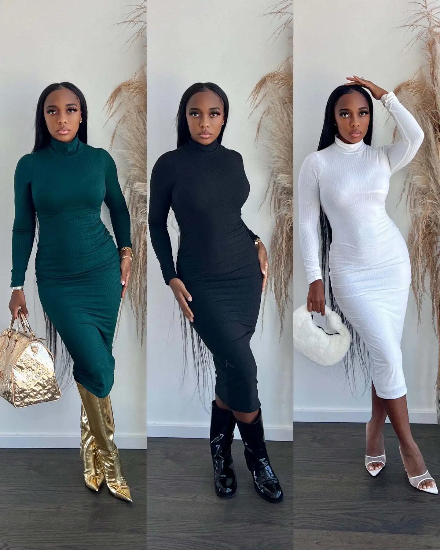 Fall &Winter Women Dress Slim Fit Bodycon Turtleneck Ribbed Ladies Solid Long Dress for Women Clothing Tunics Seasonal trendy