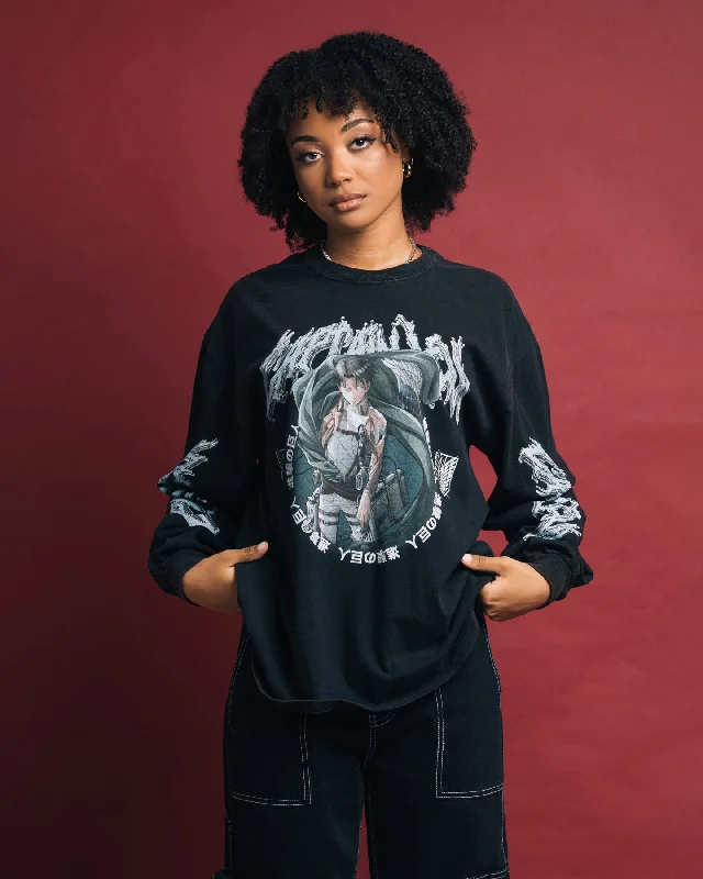 Goat Crew X Attack On Titan Captain Levi Long Sleeve Vintage T-Shirt Black Wash Fitted T-Shirt Seamless Stretchy