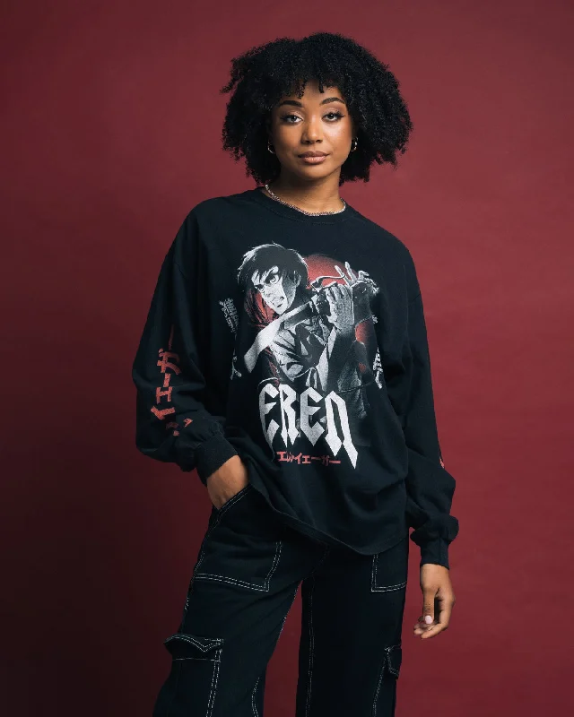 Goat Crew X Attack On Titan Eren Long Sleeve Vintage T-Shirt Black Wash Satin Fabric Silk Fabric Chiffon Fabric