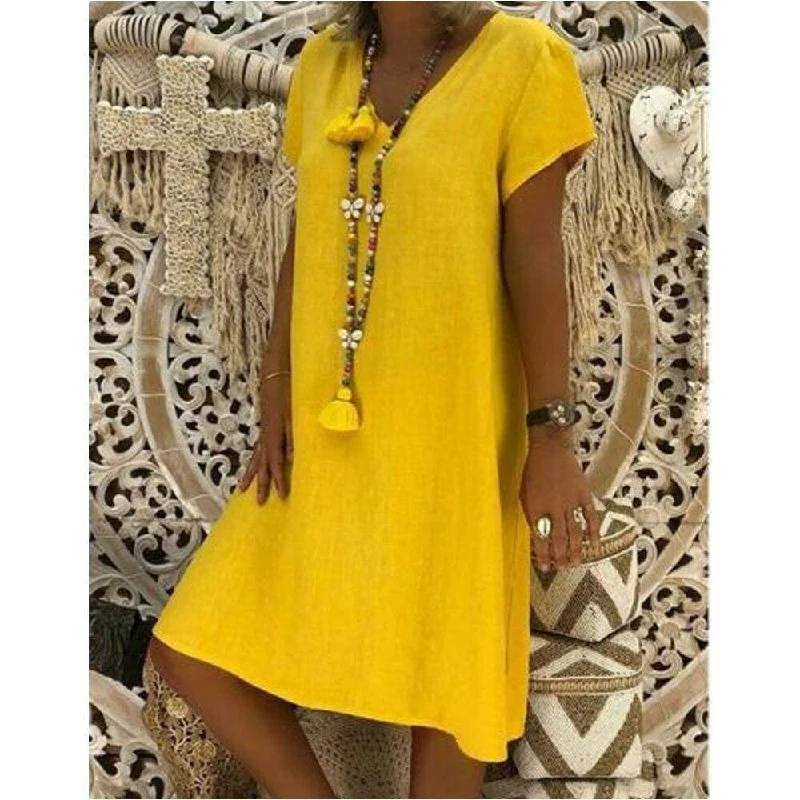 FashionSierra - Ladies Women Summer Vestido Short Sleeve T-shirt Dress Solid Cotton Linen Casual Loose Dress Holiday Sundress Mesh Canvas Denim