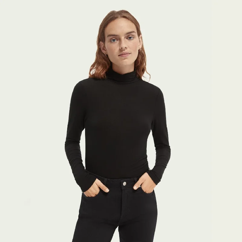 Long Sleeve Mock Neck T-Shirt (Black) Spandex Blend Rayon Blend Denim Blend