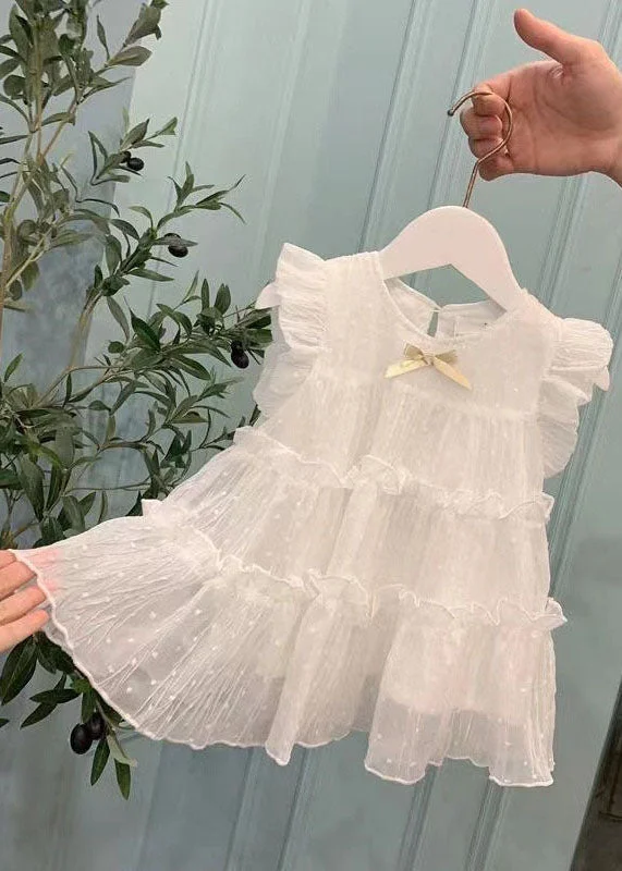 Lovely White Ruffled Patchwork Chiffon Kids Girls Long Dresses Summer Tunics Floral girly
