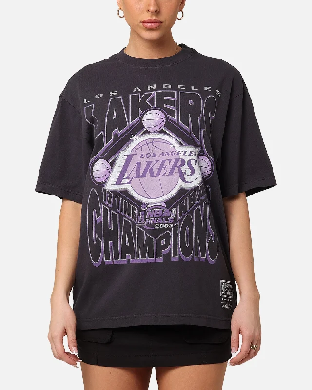 Mitchell & Ness Women's Los Angeles Lakers NBA Champs Glitter T-Shirt Overdyed Black Striped Floral Plaid