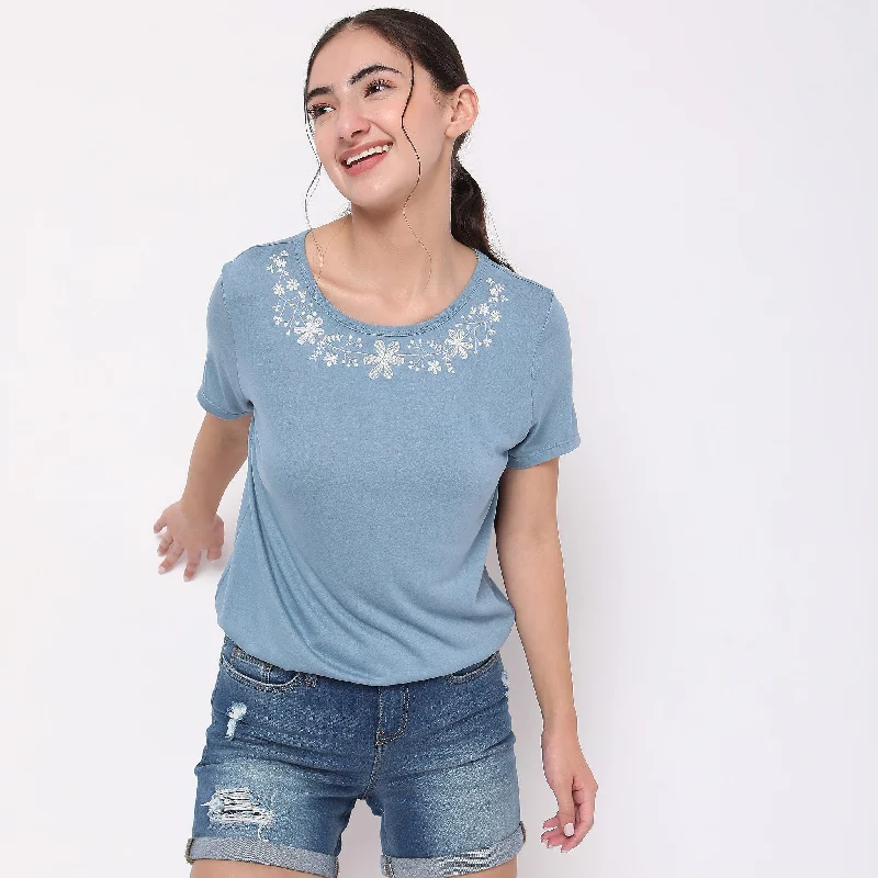 Regular Fit Embroidered T-Shirt Wool Fabric Cashmere Fabric Tweed Fabric