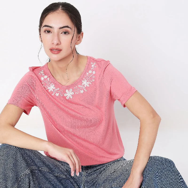 Regular Fit Embroidered T-Shirt Front Pockets Side Pockets Patch Pockets