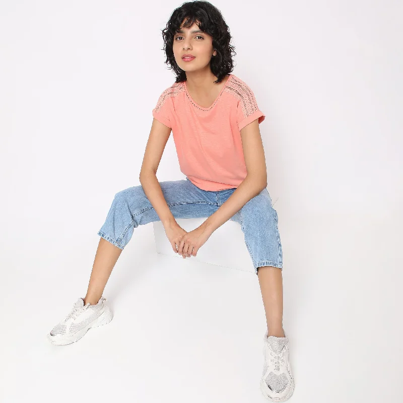 Regular Fit Solid T-Shirt Sequined Glittery Shiny