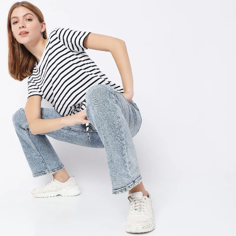 Regular Fit Striped T-Shirt Cotton Fabric Linen Fabric Terry Fabric