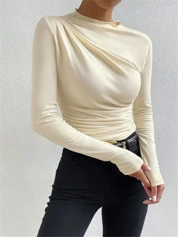 Solid color slim fit versatile ruffled design long-sleeved T-shirt women’s top Boxy Fit Fitted Loose