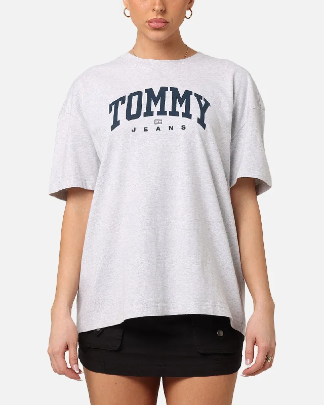 Tommy Jeans Women's TJW Oversized Varsity 1 T-Shirt Silver Grey Heather Welt Pockets Slit Pockets Flap Pockets