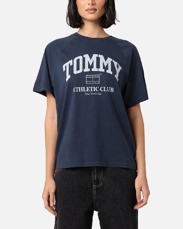 Tommy Jeans Women's TJW Relax Varsity Sport T-Shirt Dark Night Navy Notch Collar Peter Pan Collar Cowl Neck