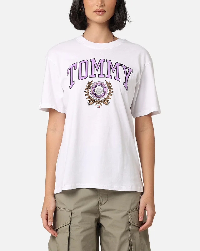 Tommy Jeans Women's TJW Relaxed Varsity Sport T-Shirt White Welt Pockets Slit Pockets
