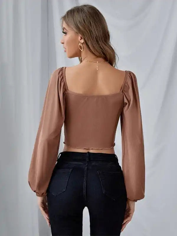Top Lantern Sleeves Drawstring Wood Ear Trim Knitted Long Sleeve T-Shirt Cashmere Blend Cotton Blend Poly Blend