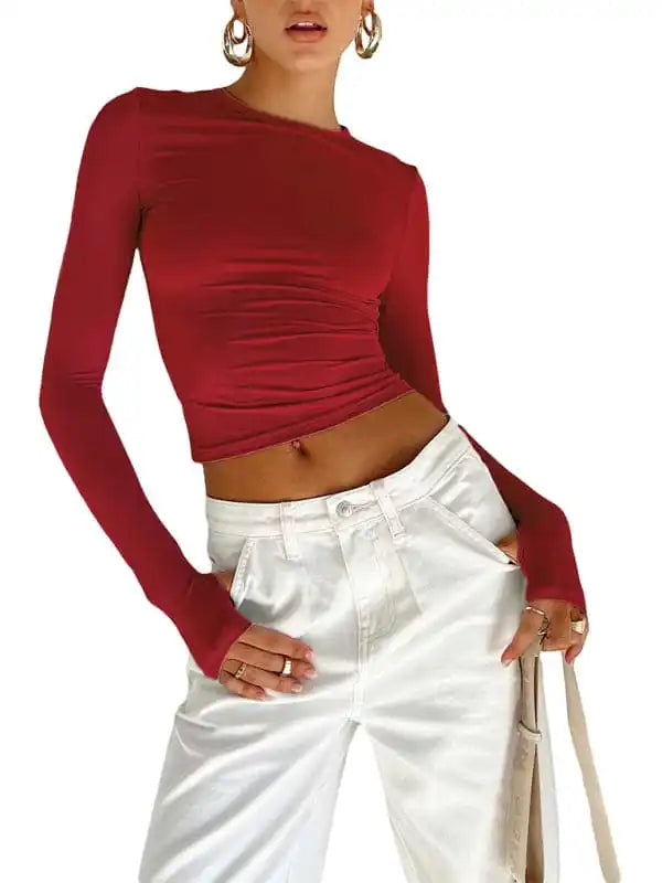 Women’s solid color bottoming round neck T-shirt hot girl slimming long-sleeved top T-shirt Welt Pockets Slit Pockets