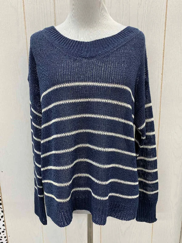 Ann Taylor Navy Womens Size Small Sweater Ribbed Striped Patterned