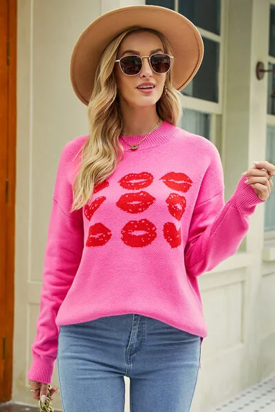 Contrast Lip Pattern Round Neck Slit Sweater Nylon Fabric Polyester Fabric Spandex Fabric