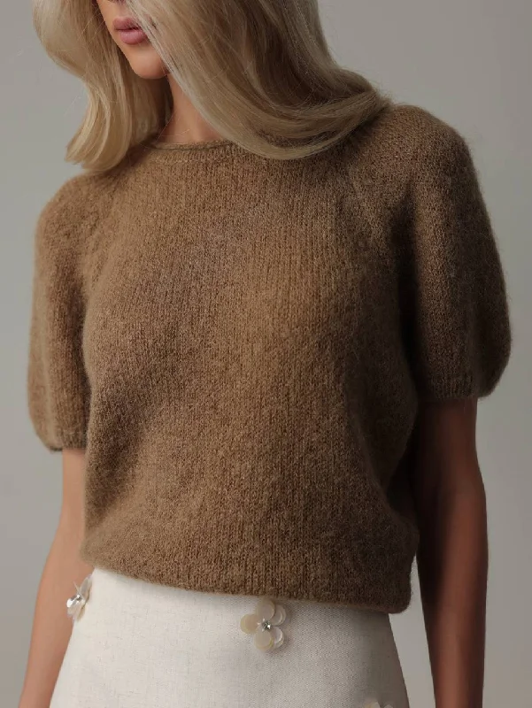Earth-Toned Puff-Sleeve Knit Sweater Stretchy Elastic Breathable