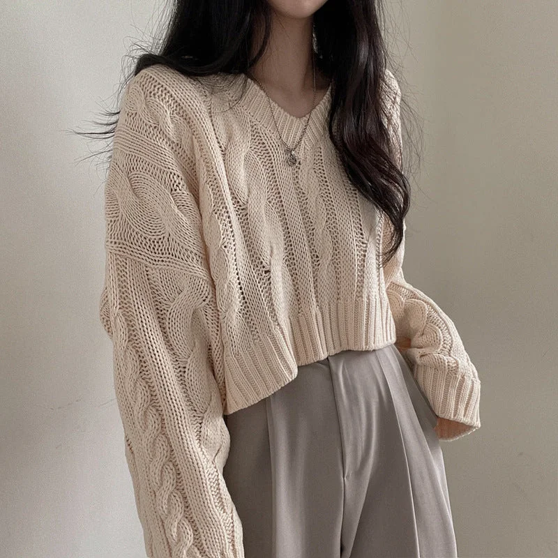 Cropped Brown Cable Knit Sweater Lace Blend Ribbed Blend Corduroy Blend