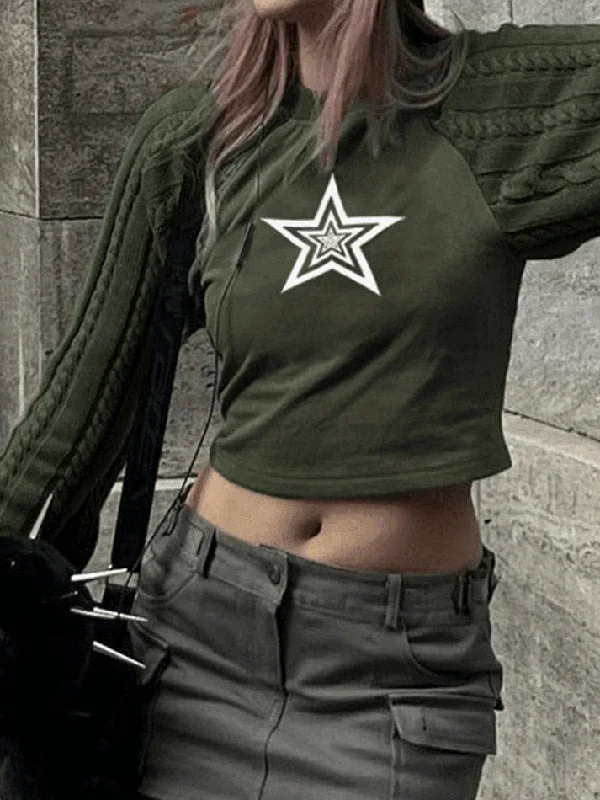 Patchwork Star Print Cropped Sweater Satin Blend Silk Blend Wool Blend