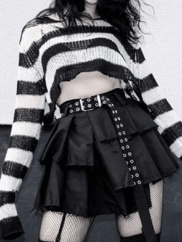Distressed Striped Crop Sweater Herringbone Houndstooth Plaid