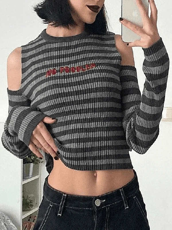 Cold Shoulder Striped Cropped Sweater Bright Pastel Dark