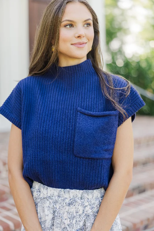 Open Your Mind Navy Blue Short Sleeve Sweater Open Front Closed Front Wrap Front
