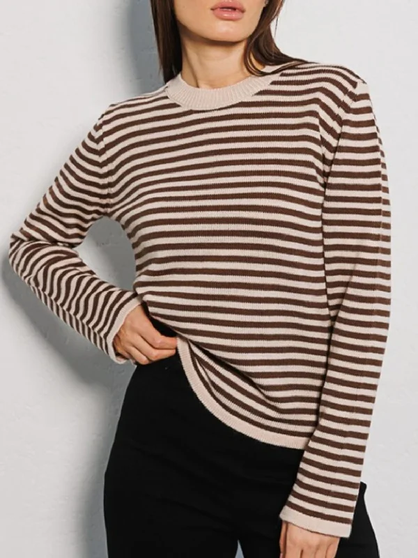 Striped Round Neck Long Sleeve Sweater Spandex Rayon Corduroy