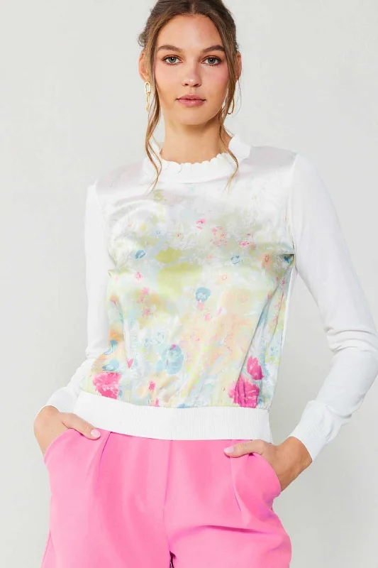 Long Sleeve Light Sweater Top Chenille Brocade Lace