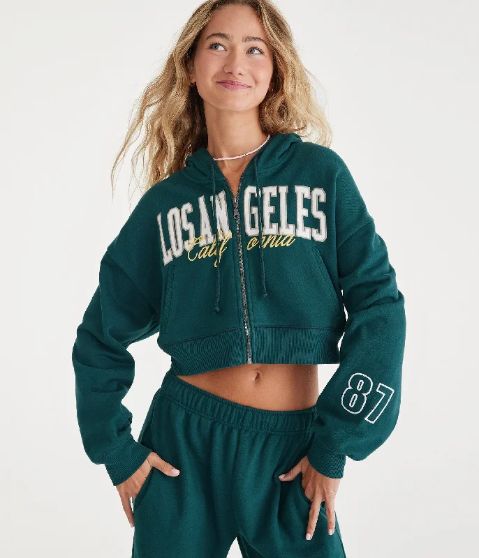 Aeropostale Los Angeles Oversized Cropped Full-Zip Hoodie Zip Hoodie Drawstring Kangaroo Pocket