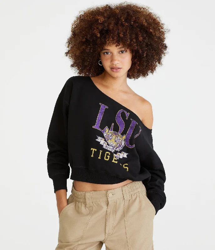 Aeropostale Louisiana State Tigers Cropped Off-The-Shoulder Sweatshirt Hoodie with Cuffed Sleeves Snug Secure