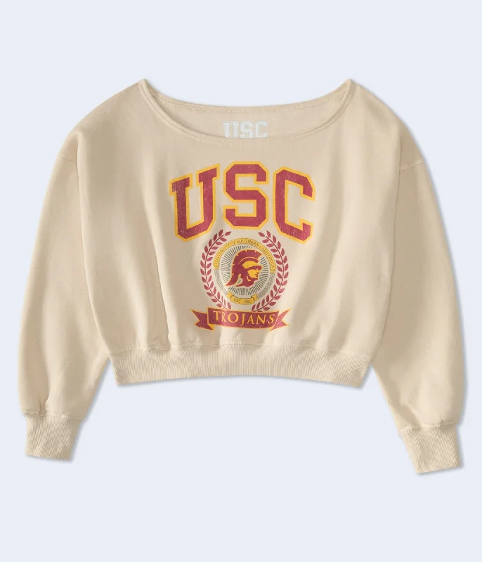 Aeropostale Usc Cropped Off-The-Shoulder Sweatshirt Hoodie with Elastic Cuffs Stretchable Comfortable